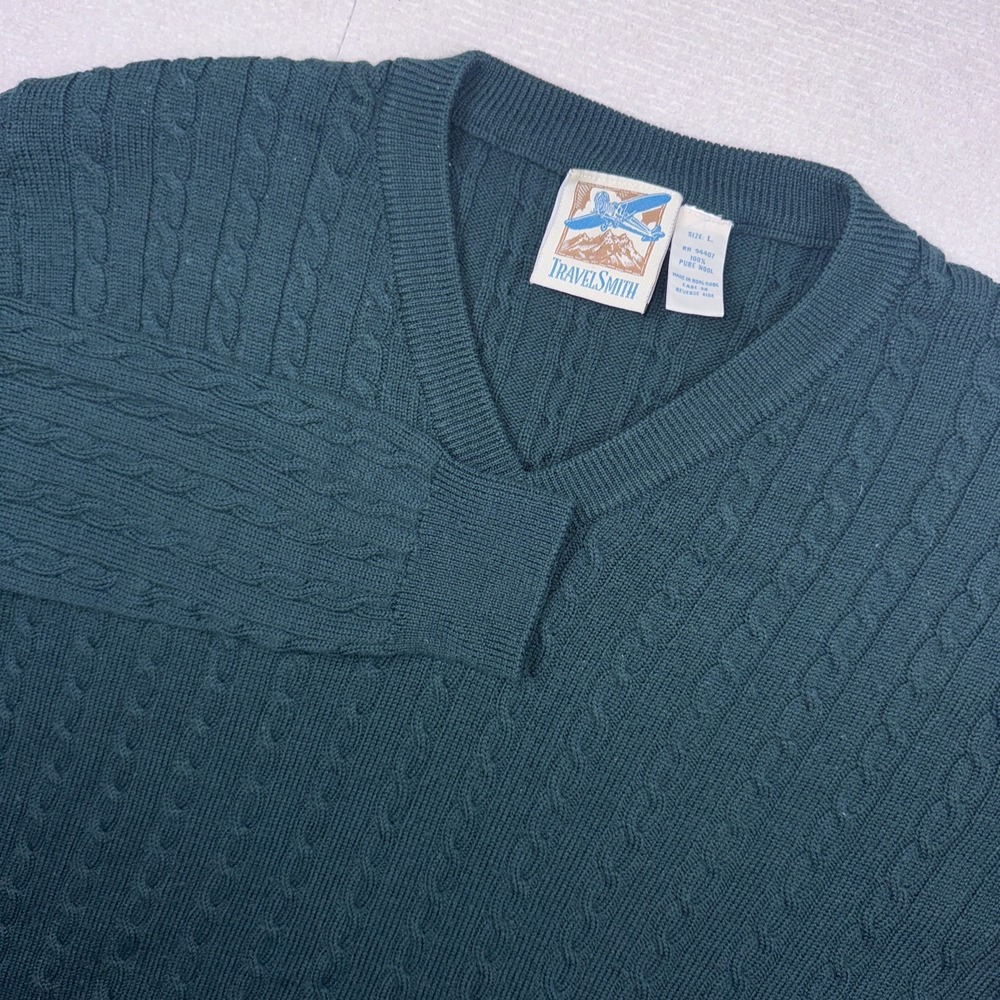 Travel SmithSweater Mens Large Teal Green 100% Pure Wool‎ Cable Knit V-Neck